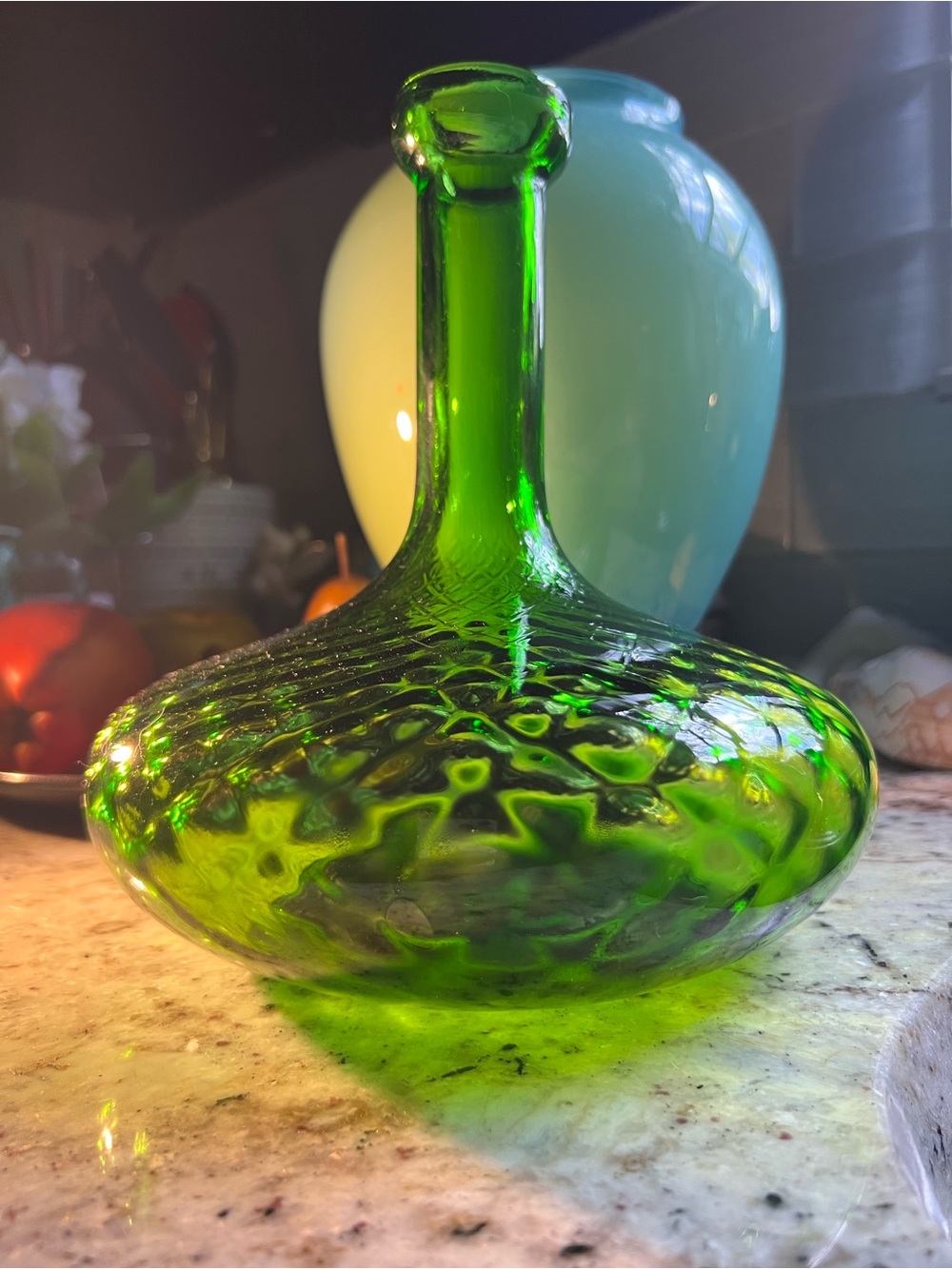 Vibrant Green Handblown Art Glass Bottle Vase price reflects it is like new